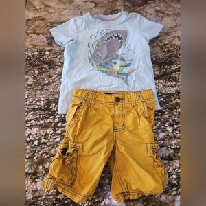 Mini Boden Light Blue Shark Tee with Mustard Yellow Cargo Shorts